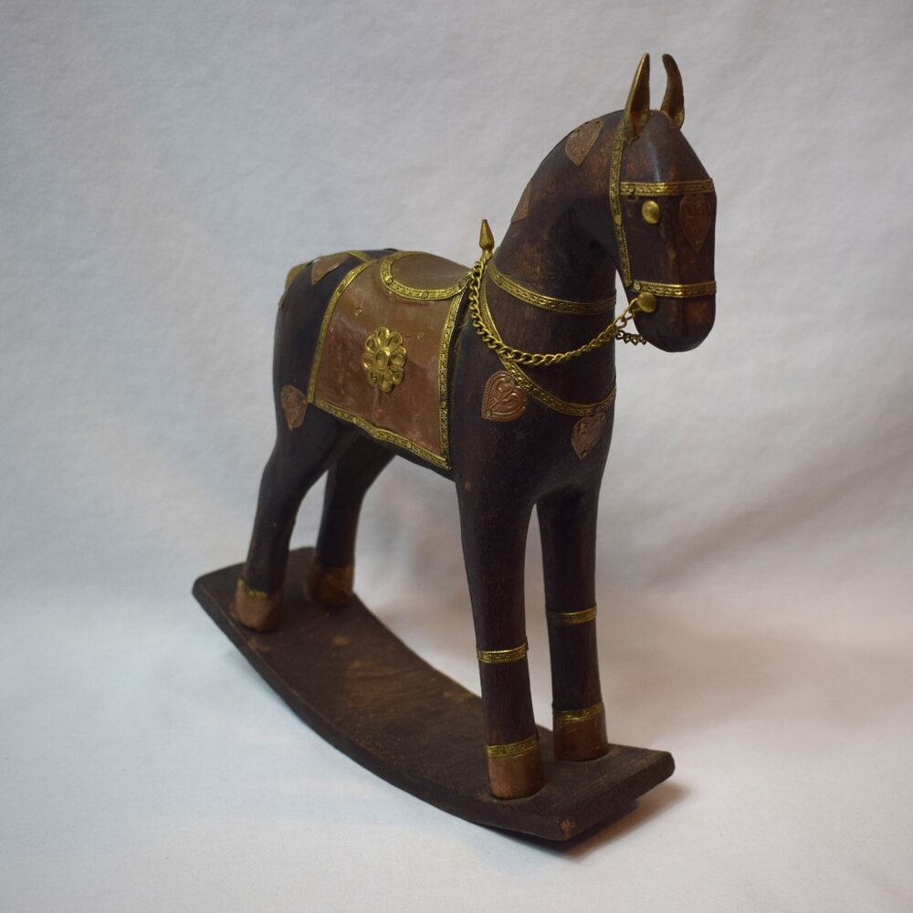 Vintage Rocking Horse War Horse Metal on Wood Made In India - Picture 5 of 5